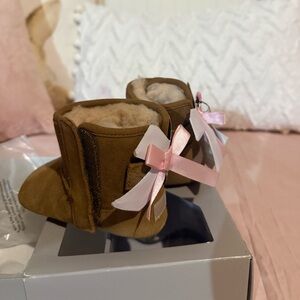 UGG Tan Baby Boots with Pink and White Bows